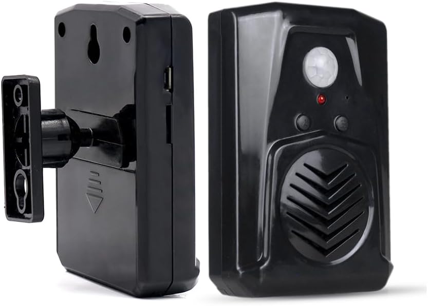 Infrared Motion Sensor Activated Sound Speaker Built with Microphone Recordable Voice for Shop Sale, Garage Door Alert, Greeting Visitor Door Chime, Security Reminder(Black)