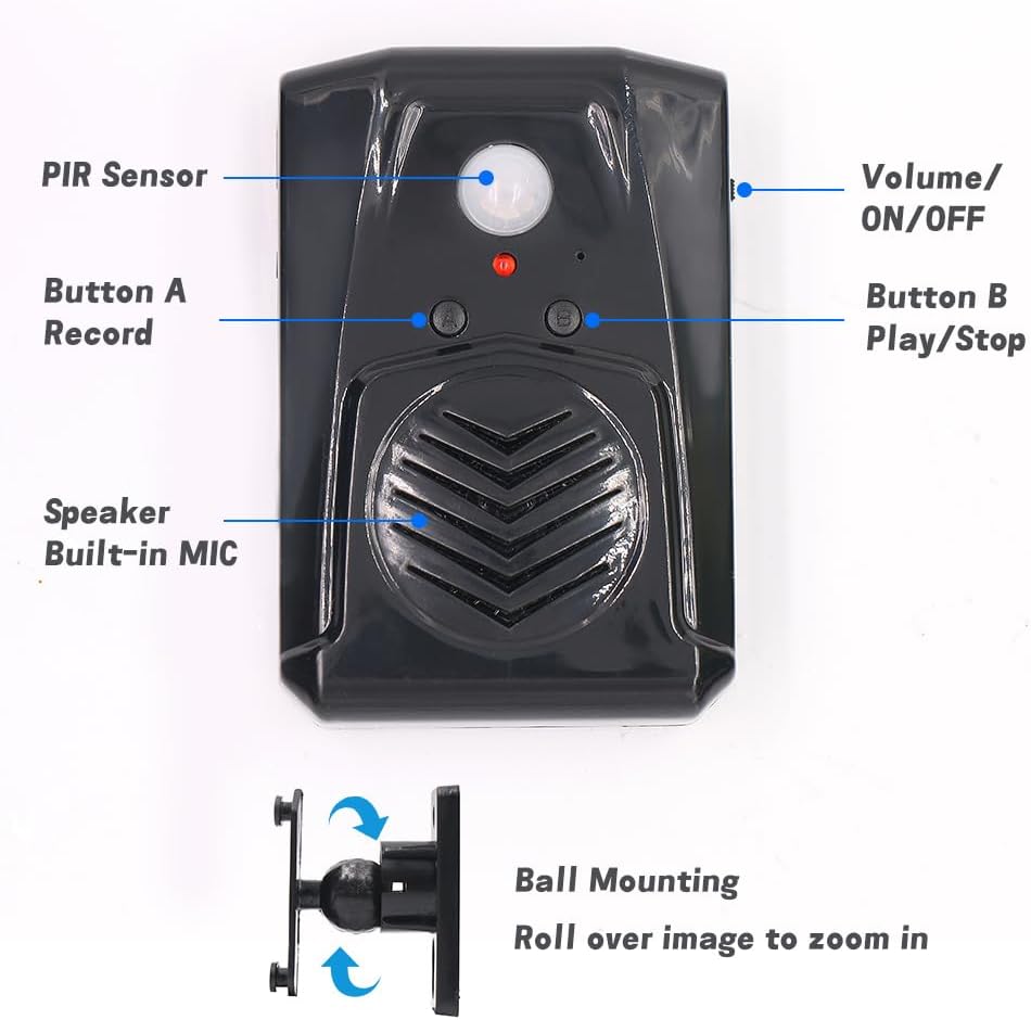 Infrared Motion Sensor Activated Sound Speaker Built with Microphone Recordable Voice for Shop Sale, Garage Door Alert, Greeting Visitor Door Chime, Security Reminder(Black) - Image 2