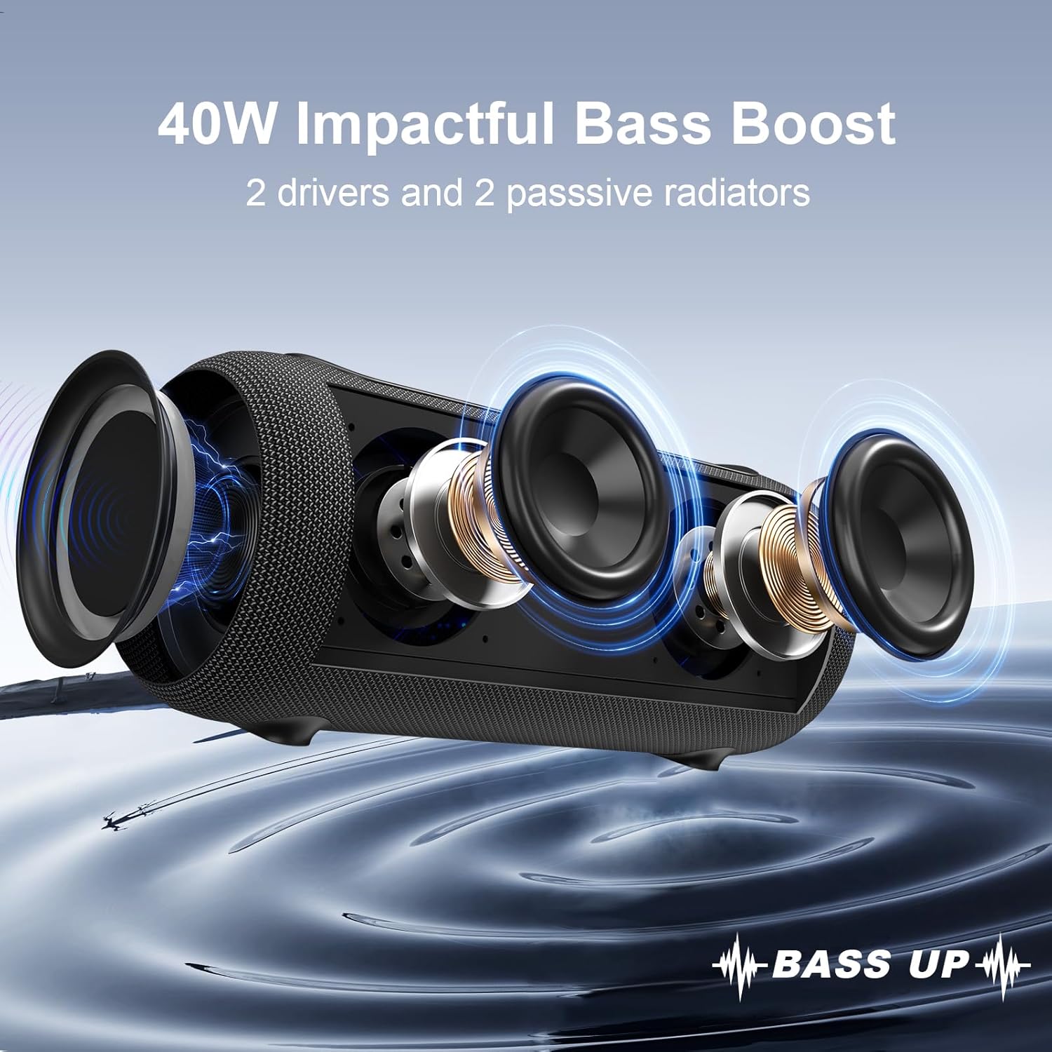 Passau Portable Bluetooth Speakers Loud 40W Peak Stereo Sound, Passive Radiators-Deep Bass, All Day Playtime, Adjustable Strap, BT5.3, IPX5 Wireless Speaker RGB Lights for Indoor Outdoor - Image 2